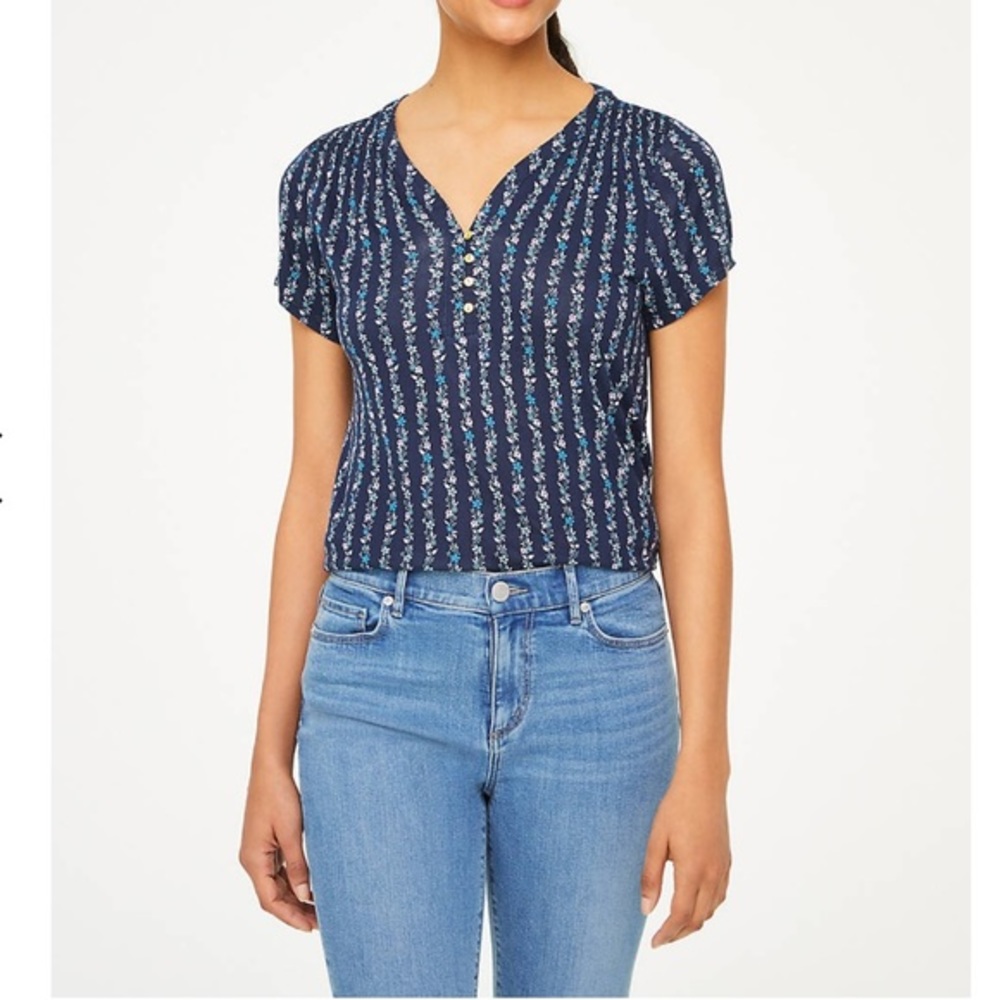 LOFT Floral Striped Shirred Steve Henley Shirt